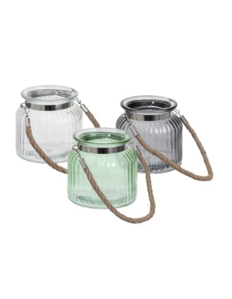 JARRÓN PORTAVELAS CON CUERDA 3/C VIDRIO 11 X 11 X 10,50 CM