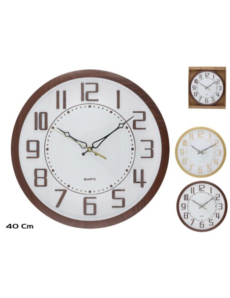 RELOJ PARED EFECTO MADERA GLATHUR 40CM 2 SURT.