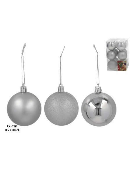 SET 12 BOLAS DE NAVIDAD PLATA 6CM 3 SURT