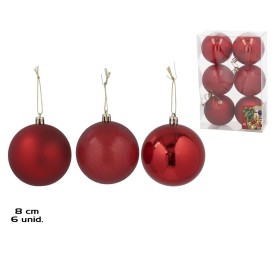 CAJA 6 BOLAS DE NAVIDAD ROJAS 8CM 3 SURT