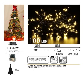 LUCES NAVIDAD EXTERIOR 100L CÁLIDO 5M 
CABLE VERDE 31V