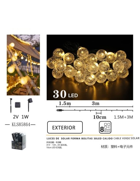 LUCES DE  SOLAR FORMA BOLITAS 30LED CALIDO