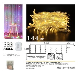 LUCES DE CORTINA  DE PILA IMPERMEABLE 
144LED CALIDO 1.1M*1.1M