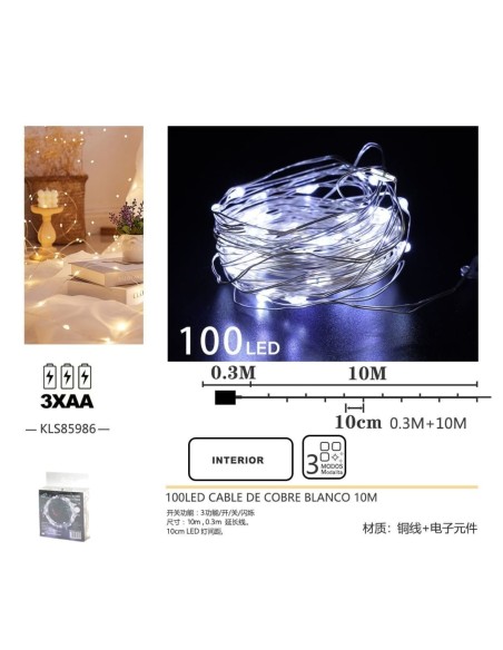 100LED CABLE DE COBRE BLANCO 10M
