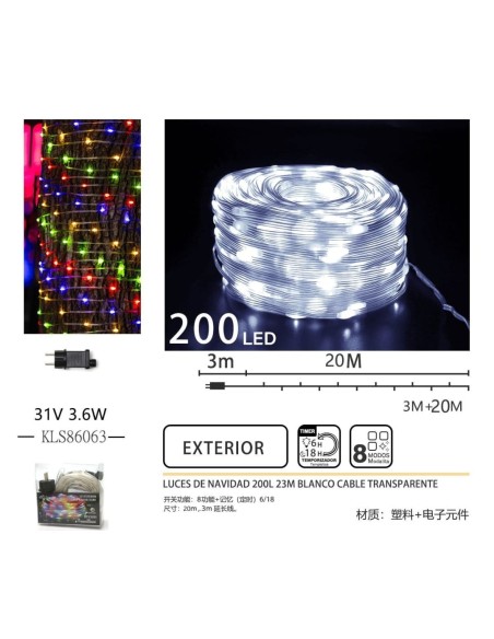 LUCES DE NAVIDAD 200L 23M BLANCO CABLE TRANSPARENTE