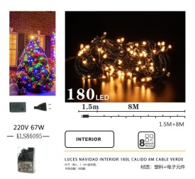 LUCES NAVIDAD INTERIOR 180L CALIDO 8M CABLE VERDE