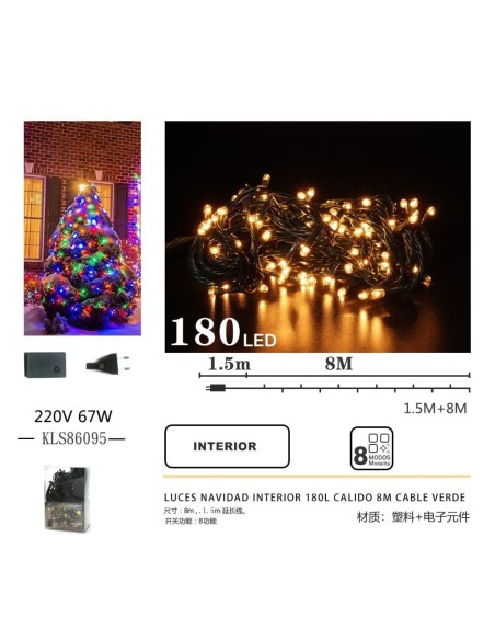 LUCES NAVIDAD INTERIOR 180L CALIDO 8M CABLE VERDE