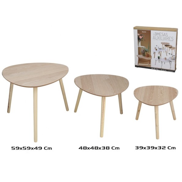 SET 3 MESAS AUXILIARES MADERA+MDF DARREN 59X59X49CM PINO
