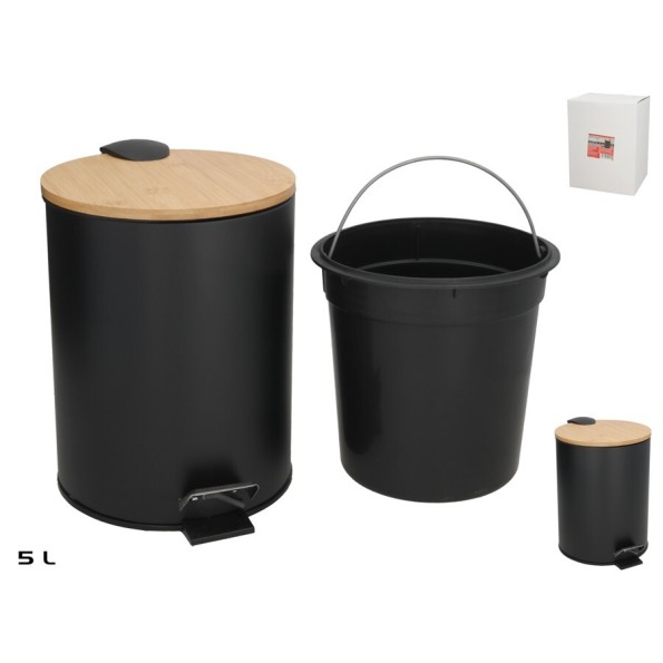 PAPELERA C/TAPA BAMBU DUSTIN 5L NEGRO