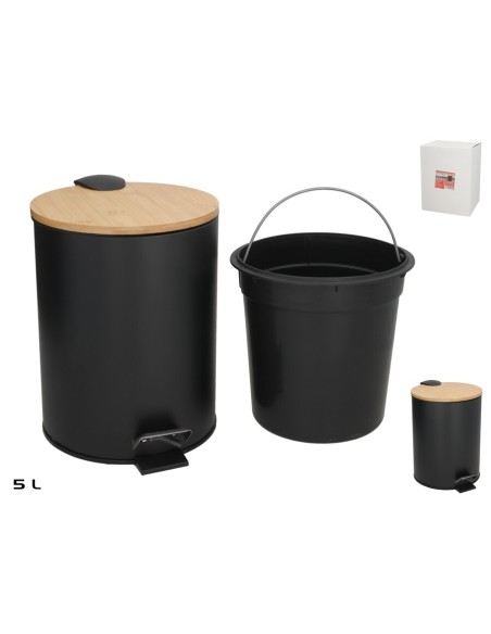 PAPELERA C/TAPA BAMBU DUSTIN 5L NEGRO