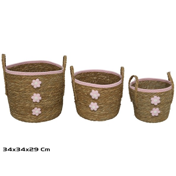 CESTA C/ASAS X3 FLOR ROSA 34X34X29CM