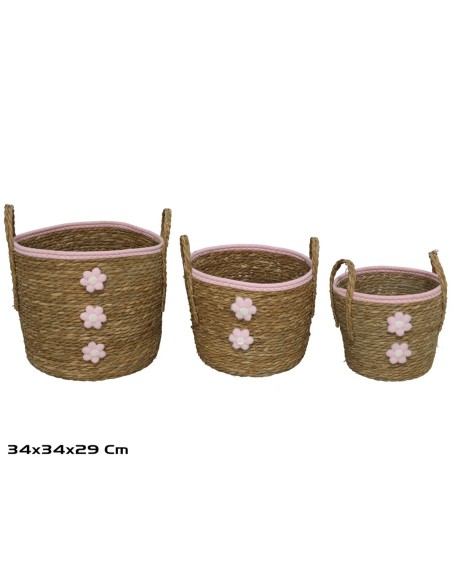 CESTA C/ASAS X3 FLOR ROSA 34X34X29CM