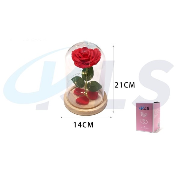 CÚPULA DE CRISTAL CON ROSA DECORATIVA-ROJO