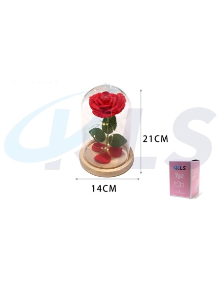 CÚPULA DE CRISTAL CON ROSA DECORATIVA-ROJO