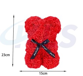 DECORACION DE ROSAS OSO ROJO CON LAZO 23CM