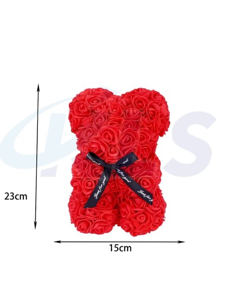 DECORACION DE ROSAS OSO ROJO CON LAZO 23CM
