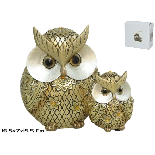 MAMA BUHO Y BEBE ALHAJA 16.5X7X15.5CM ORO