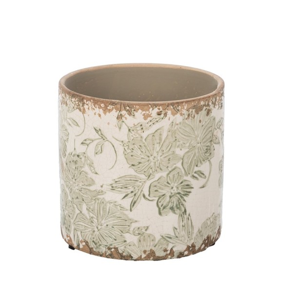 MACETA CRAQUELADA CREMA HOJAS D14 H13,5 (6PACKS X 2PCS) CERÁMICA