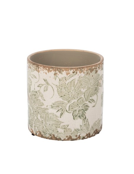 MACETA CRAQUELADA CREMA HOJAS D14 H13,5 CERÁMICA