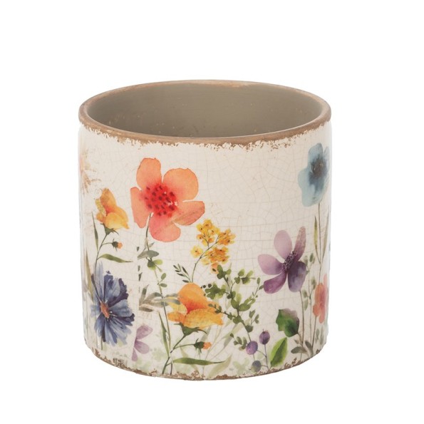 MACETA CRAQUELADA CREMA FLORES DE COLORES D14 H13,5 (6PACKS X 2PCS) CERÁMICA