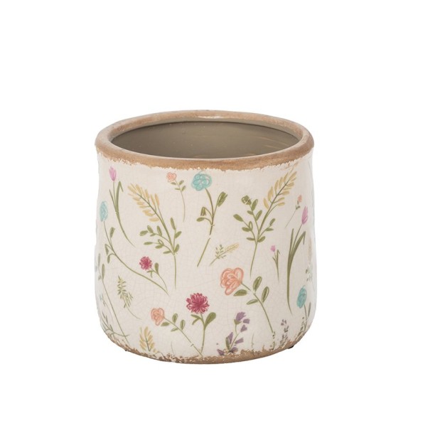 MACETA CRAQUELADA CREMA FLORES Y HOJAS D12,5 H12 (6PACKS X 4PCS) CERÁMICA