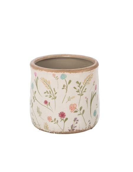 MACETA CRAQUELADA CREMA FLORES Y HOJAS D12,5 H12 (6PACKS X 4PCS) CERÁMICA