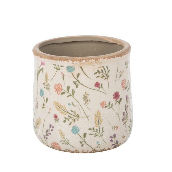 MACETA CRAQUELADA CREMA FLORES Y HOJAS D14,5 H14 (4PACKS X 4PCS) CERÁMICA