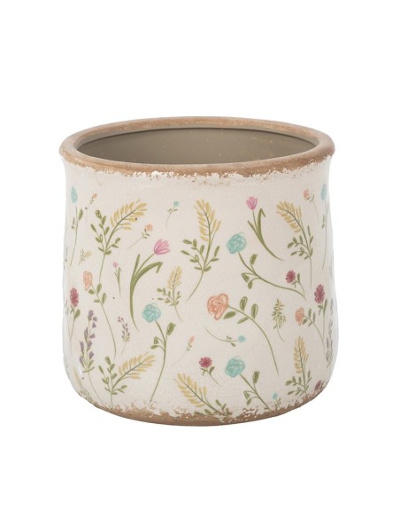 MACETA CRAQUELADA CREMA FLORES Y HOJAS D18 H16,5 (6PACKS X 2PCS) CERÁMICA