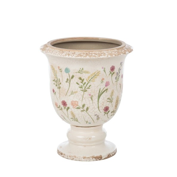 CENTRO DE MESA CRAQUELADO CREMA FLORES Y HOJAS D17 H21 CERÁMICA