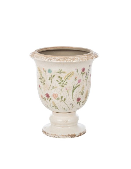 CENTRO DE MESA CRAQUELADO CREMA FLORES Y HOJAS D17 H21 CERÁMICA