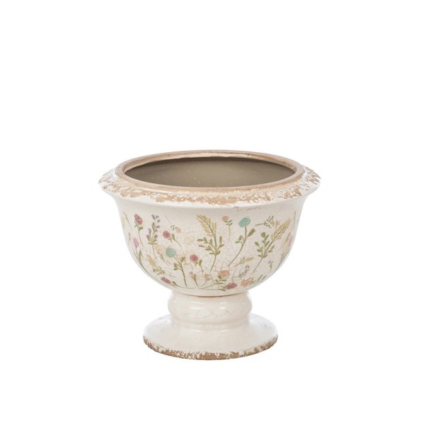 COPA BAJA CRAQUELADA CREMA FLORES Y HOJAS D21,5 H17,5 CERÁMICA