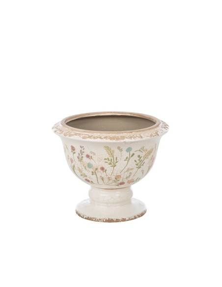 COPA BAJA CRAQUELADA CREMA FLORES Y HOJAS D21,5 H17,5 CERÁMICA