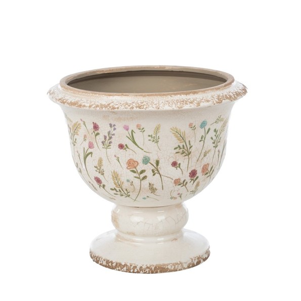 COPA BAJA CRAQUELADA CREMA FLORES Y HOJAS D25 H23,5 CERÁMICA