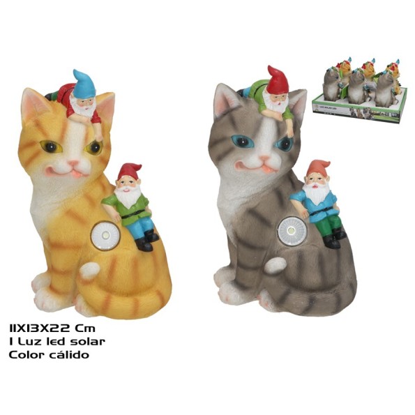 GATO C/GNOMOS 2SURT LUZ SOLAR LED 13X11X22 CM 6H