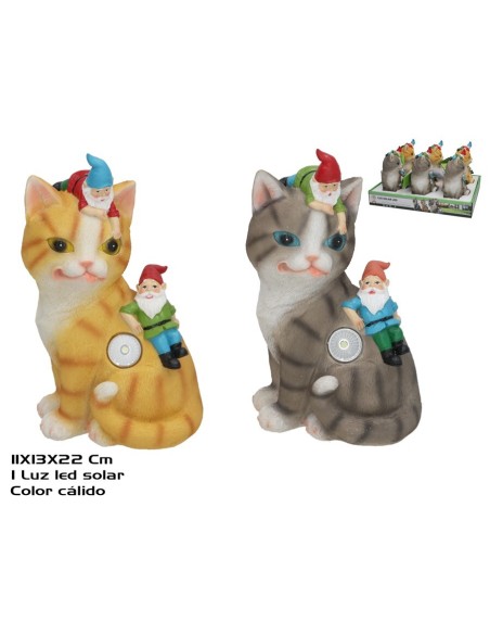 GATO C/GNOMOS 2SURT LUZ SOLAR LED 13X11X22 CM 6H