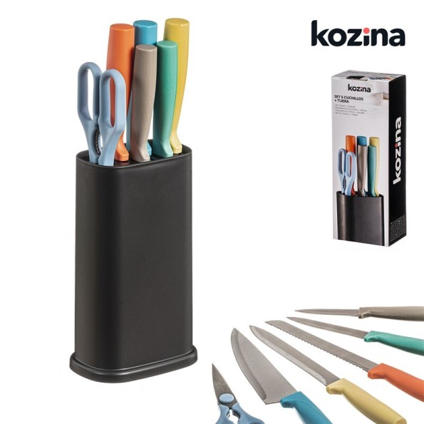 SET 5 CUCHILLOS Y TIJERA CON BASE 7x34 cm