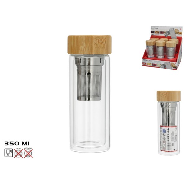 BOTELLA CRISTAL C/TAPA BAMBU + INFUSIONADOR 350ML