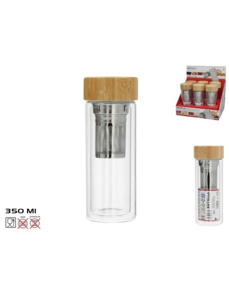 BOTELLA CRISTAL C/TAPA BAMBU + INFUSIONADOR 350ML