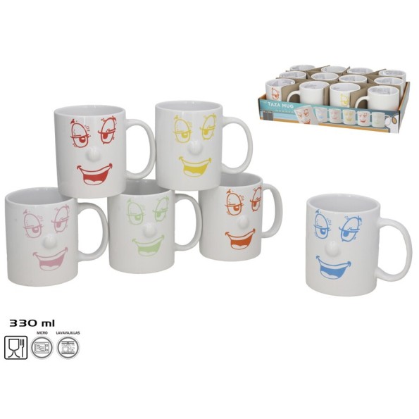 TAZA MUG CERAMICA HAPPY FACES 330ML 6 SU