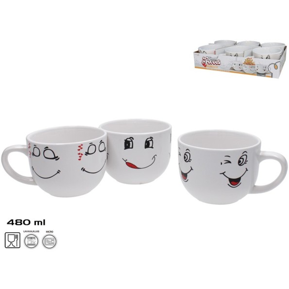 TAZA JUMBO GRES FUNNY FACES 480ML 3 SURTIDOS