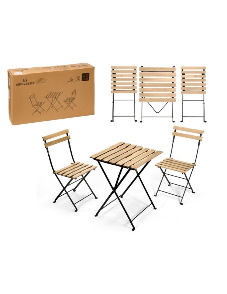 SET 3 PCS MESA 2 SILLAS MADERA CLARA PATAS METAL