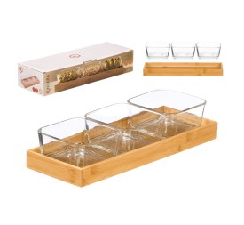 BANDEJA BAMBU 3 BOL VIDRIO 11 x 31 x 6 cm