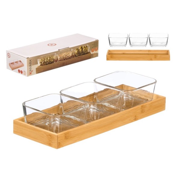 BANDEJA BAMBU 3 BOL VIDRIO 11 x 31 x 6 cm