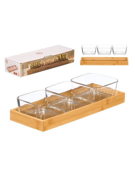 BANDEJA BAMBU 3 BOL VIDRIO 11 x 31 x 6 cm