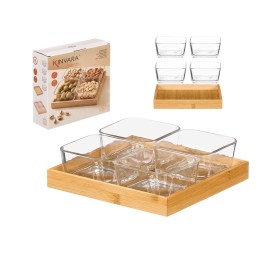 BANDEJA BAMBU 4 BOL VIDRIO 21,5 x 21,5 x 6,5 cm