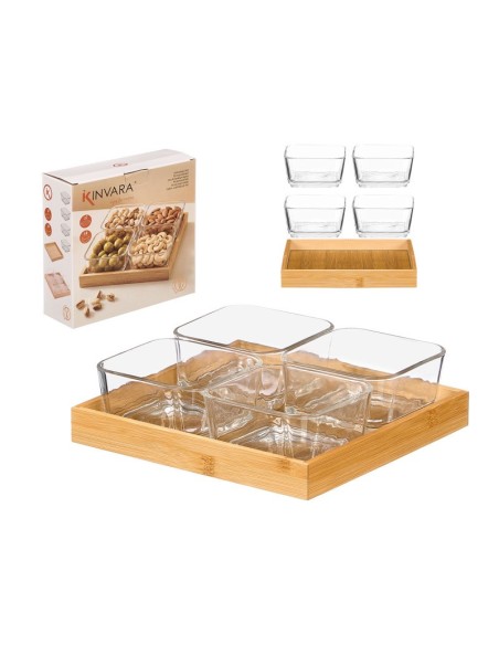 BANDEJA BAMBU 4 BOL VIDRIO 21,5 x 21,5 x 6,5 cm