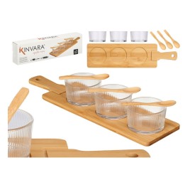 SET 3 BOL CRISTAL CON CUCHARA Y BANDEJA BAMBU 6,5 x 46 x 13 cm