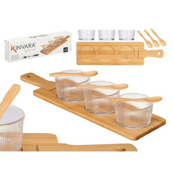 SET 3 BOL CRISTAL CON CUCHARA Y BANDEJA BAMBU 6,5 x 46 x 13 cm