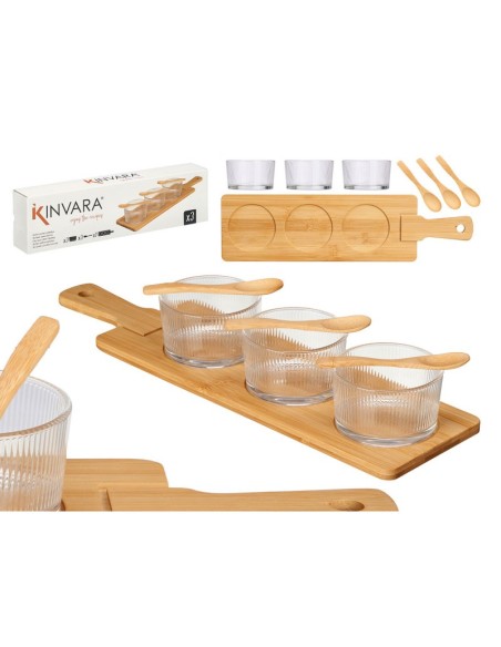 SET 3 BOL CRISTAL CON CUCHARA Y BANDEJA BAMBU 6,5 x 46 x 13 cm