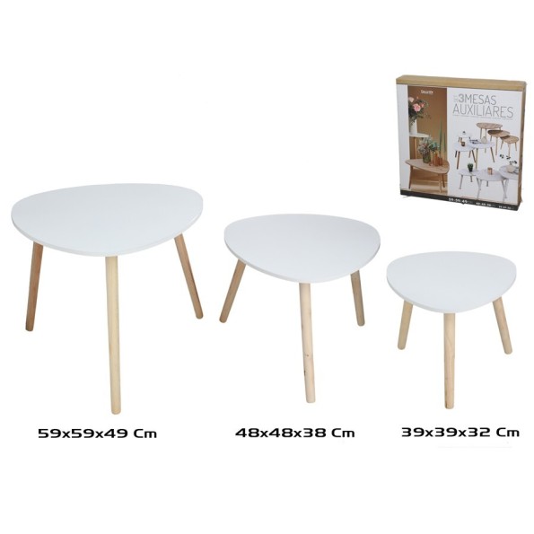 SET 3 MESAS AUXILIARES MADERA+MDF DARREN 59X59X49CM BLANCO+PINO
